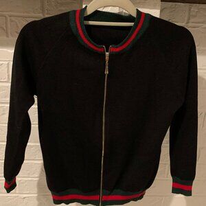 Black Designer Inspired Gold Zip Cardigan with Red/Green Collar/sleeve